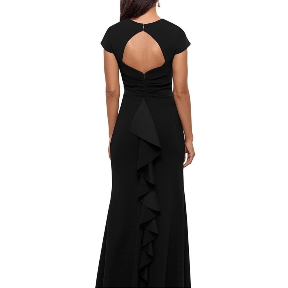 XSCAPE V-Neck Cascading-Ruffle-Back Scuba Crepe Gown Black Size 10